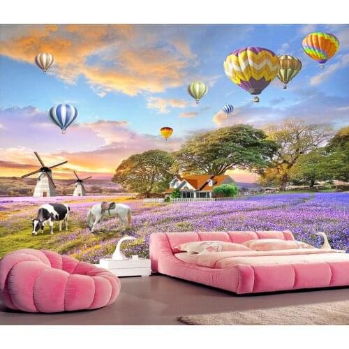 Beibehang custom papel de pared 3d Lavender flowers wallpapers for living room Hot air balloon 3D mural wall papers home decor