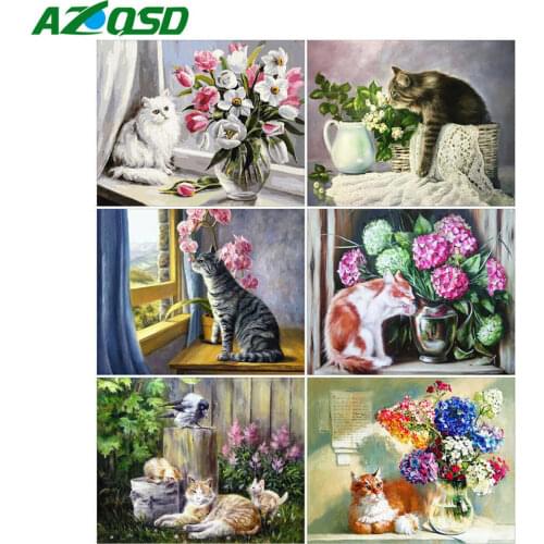 AZQSD Oil Painting By Numbers Cat Flower Hand Paint Kit Canvas Paint By Numbers Animal Home Wall Art Canvas Painting Art