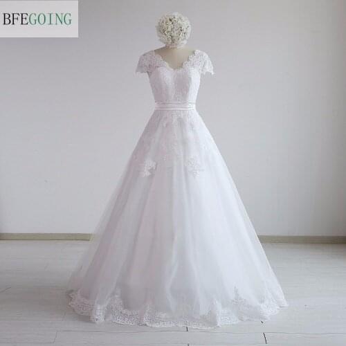 White Lace V-Neck A-line Wedding Dress Floor -Length Sweep Train Cap Sleeves Bridal Gown Custom Made