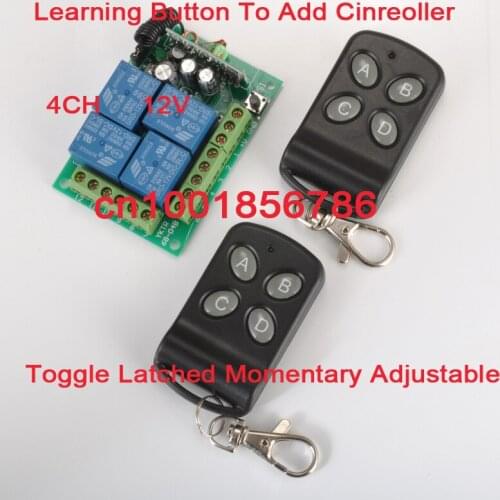 12V 4CH Wireless Switch Receiver &2 Transmitter Momentary Toggle Latched RF Wireless Remote Control Switch System LED SMD ON OFF