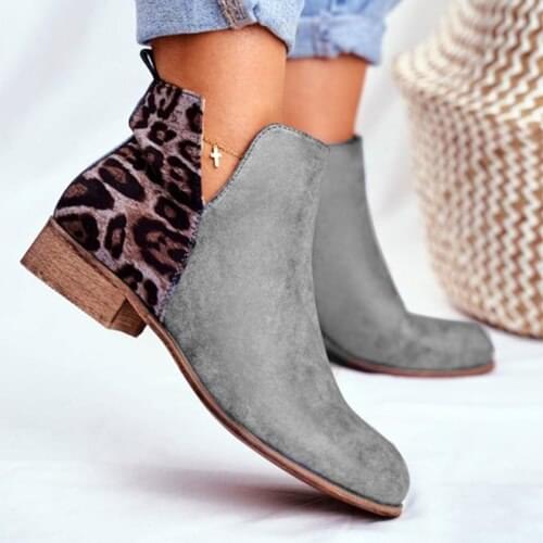 Ladies Ankle Boots Leopard Patchwork Retro PU Leather Slip on Short Boots 2021 Autumn Vintage Female Casual Low Heel Shoes