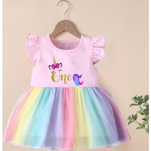 Happy Birthday 1 2 3 4 Unicorn Graphic Baby Girls Dress 2021 Summer Cute Cartoon Baby Princess Birthday Party Mesh Dresses