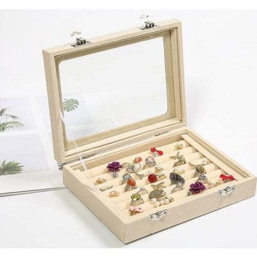 MOONLAY Flannel Vintage Velvet Jewelry Organizer Box Earrings RingsTransparent Glass Cover Visible Display Storage