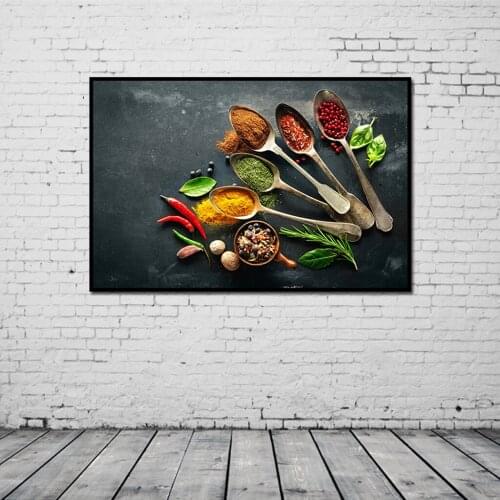 Spices, Spoon and Chillies Canvas Painting for Kitchen Restaurant Decor Gift