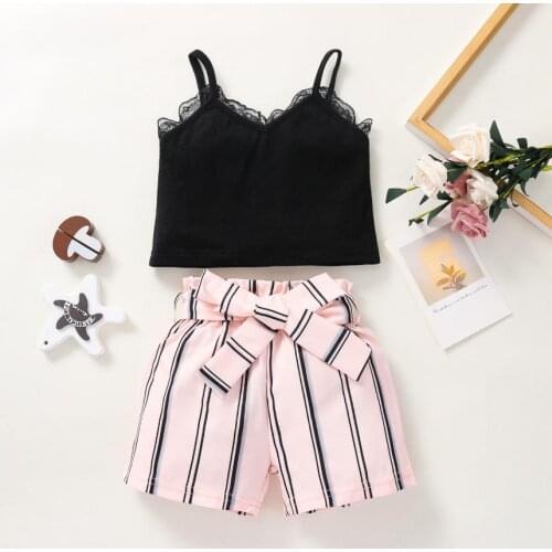Baby Girls Clothes Set Solid Color Sleeveless V-neck Cropped Lace Vest Tops Striped Short Pants Summer Childrens Sets