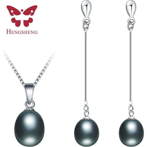 HENGSHENG Black Pearl Set 4 Colors Real Freshwater Pearl Jewelry Set For Women,Pendant Earrings With 925 Sterling Silver Jewelry
