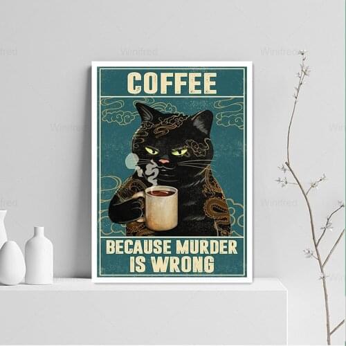 Modular Picture Poster Cat Drinking Coffee Corner Wall Art Canvas Painting Nordic Style Animal Living Room Retro Home Decoration