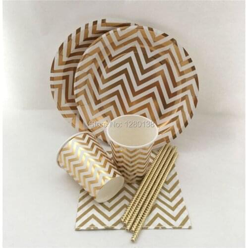 Metallic Gold Silver Paper Party Tableware Set Plates Cups Straws Napkins Wedding Party Kids Birthday Party Decorations Supplies