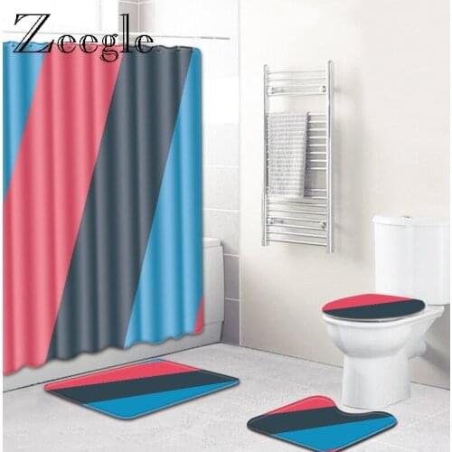 Zeegle Striped Bath Mat Set with Shower Curtain Lid Toilet Cover Shower Curtain with Hooks Bath Entrance Mat Toilet Accessories