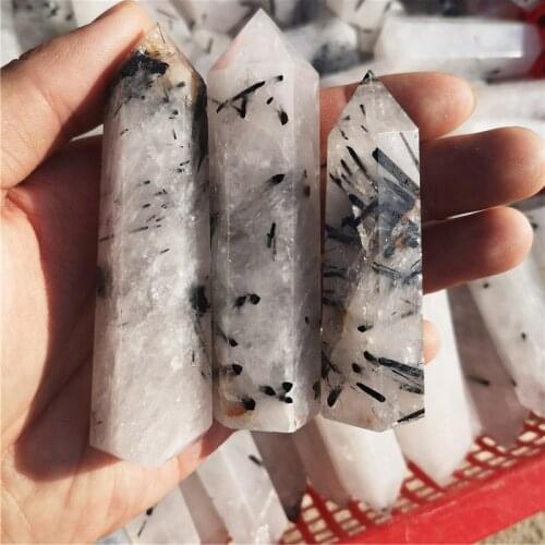 Natural crystal white transparent quartz black tourmaline symbiotic crystal hexagonal column mineral jewelry home decoration