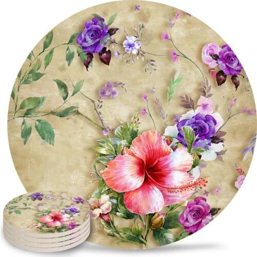 Morning Glory Retro Flower Abstract Ceramic Coasters Waterproof Tea Cup Mat Christmas Home Decor Coasters for Glasses