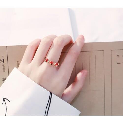 Simple Cute Three Strawberry Leaf Fruit Red Rhinestone Index Finger Copper Rings for Women