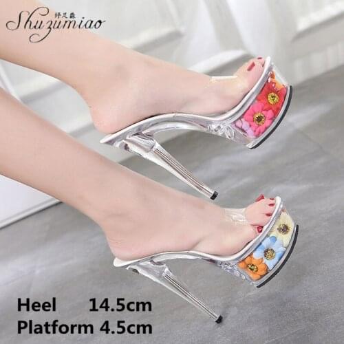 Clear Crystal Womens Shoes Sexy Party Club Nightclub Platforms Super High Heel Slipper 15CM Walking Show Striptease Summer New