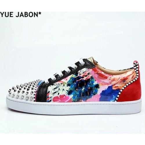 Luxury Flower Printed Sneakers Lace Up Flats Men Shoes Studded Rivets Flats Chains Dress Loafers Patchwork Oxfords Low Top Shoes