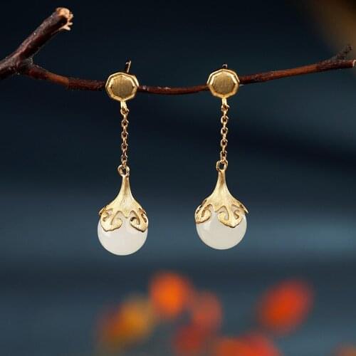 S925 sterling silver inlay and Tianyu white jade gold-plated beads natural personality fresh earrings earrings