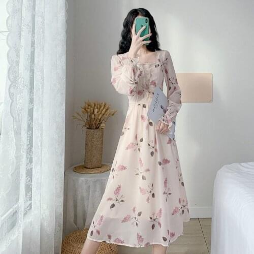 Dress 2021 Spring New Square Neck High Waist Slim Goddess Temperament Floral Chiffon Long Dress Elegant Ladies Vestidos zh250