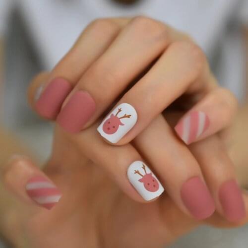 Snowflake Cute Cartoon Fake Nail Girl DIY Art Decoration Coral Pink White Short Matte Full Cover False Nails Art Jelly Tape