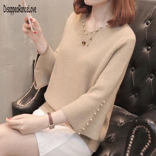 Fashion Autumn Sweater Women Casual Slim V-Neck Beads Sweaters Solid Color Winter Flare Sleeve Pullover Sweater Women