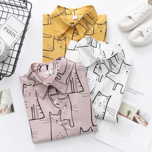 Women Autumn New Fashion Cats Print Long Sleeve Turn-down Collar Loose Blouse Shirts Casual Office Shirts Top