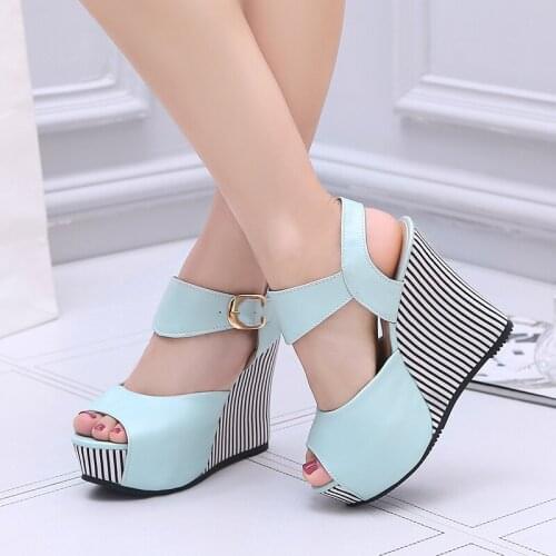 Zapatos mujer Summer big size 32-45 women Platform shoes sexy 12cmPeep Toe Buckle Strap Wedges high heel sandals Sapato Feminino