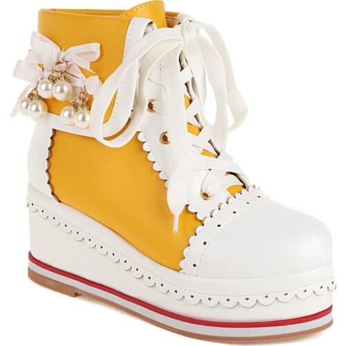 Nine Colors Fashion Autumn Winter Booties College Style Women Shoes Ruffles Pearl Pearl Ankle Boots Platform Lace-up Lady Shoes