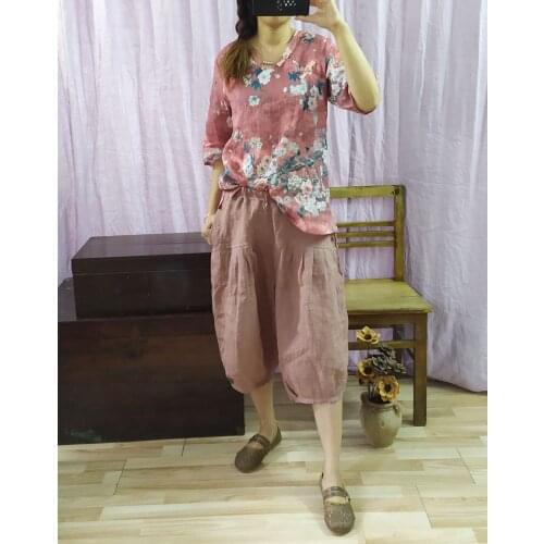 Women Loose Ramie Elastic Waist Pants Ladies Vintage Ramie Solid Color Patchwork Knee Length Pants Female Trousers 2020 Summer