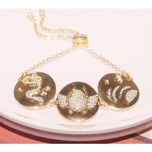 Luxury 925 Sterling Silver Yellow Gold Color Three Round Snake Scarab Galaxy Bracelet Zirconia Stones Women Brand Design Jewelry