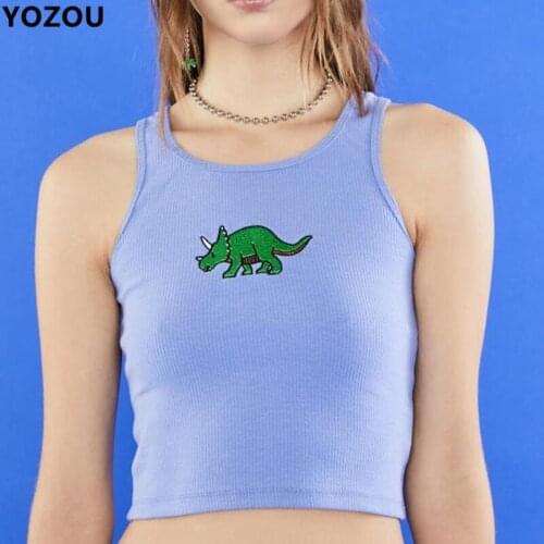 Women crop top Dinosaur pattern embroidery cropped tank blue top female sleeveless summer fitness tank vest 90s tee