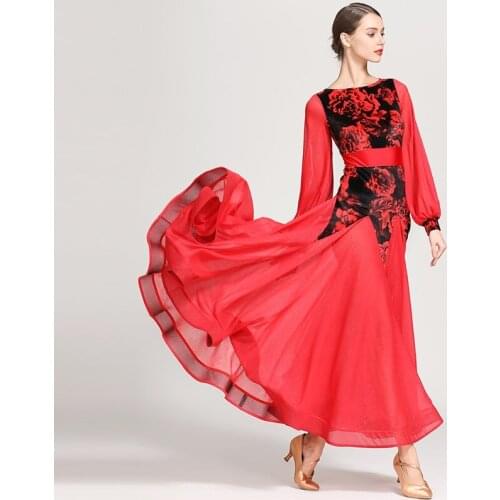 Lady Ballroom Dancing Dress Long Sleeve National Standard Dance Dresses Dance Retro Palace Sleeve Dress Round Collar D0743