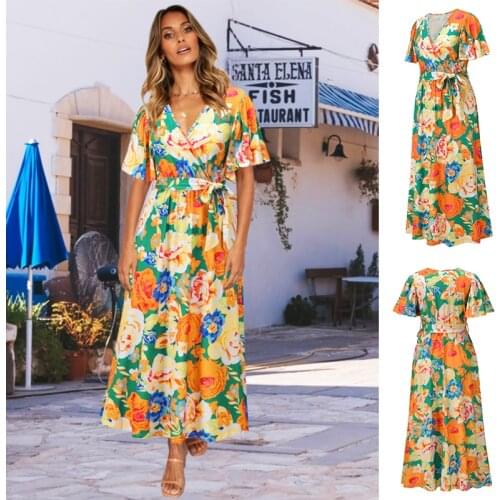 Womens 2021 Summer New Dress V-neck Lotus Sleeve Flower Womens Slim Dress Cocktail Manor Leisure Party Gift Princess Dress