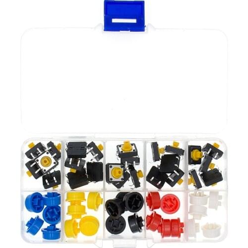 25PCS Tactile Push Button Switch Momentary 12*12*7.3MM Micro switch button + 25PCS Tact Cap(5 colors) for Arduino Switch