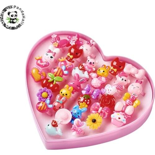 36pcs/set Rings Mix Animals Flower Heart Assorted Baby Kids Girl Childrens Cartoon Rings With Display Box For Christmas Gifts
