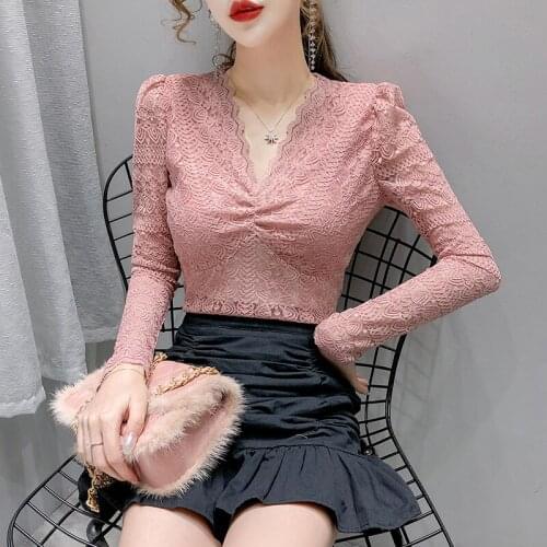 Women V-neck Lace Blouses Shirts Female Full Puff Sleeve Hollow Out Solid Fashion Elasticity Tops Blouses Girls 2020 Autumn