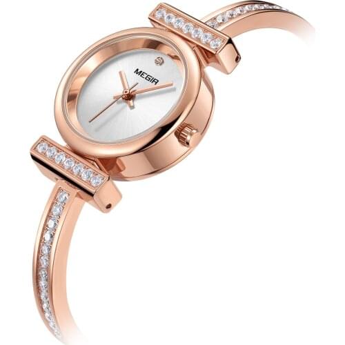Fashion Megir Top Brand Women Watches Luxury Rose Golden Quartz Clock Rhinestone Ladies Bracelets Strap Elegant Wristwatches