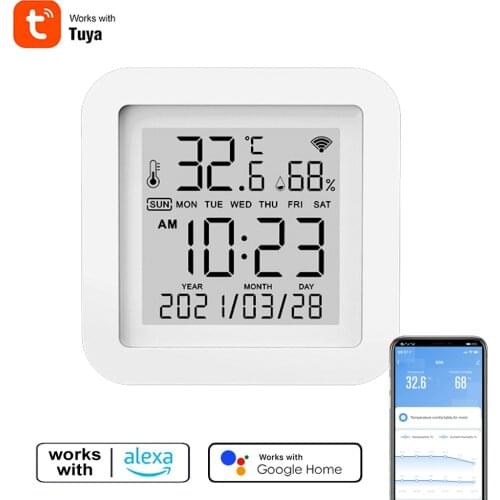 Tuya WIFI Temperature Humidity Sensor Clock Indoor Hygrometer Thermometer with LCD Display Voice Control for Alexa Google Home