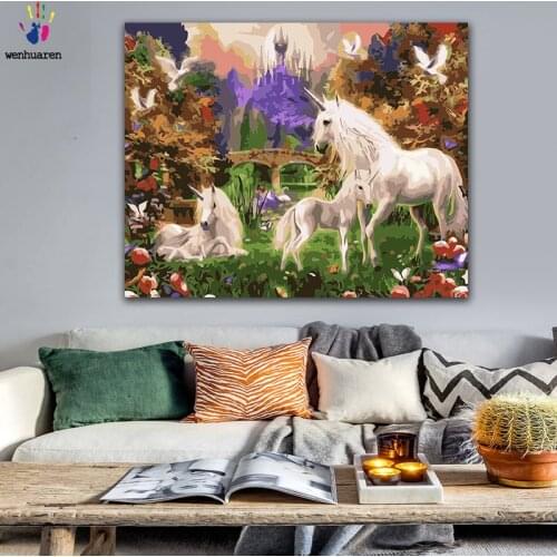 DIY colorings pictures by numbers with colors Three unicorns in the castle picture drawing painting by numbers framed Home