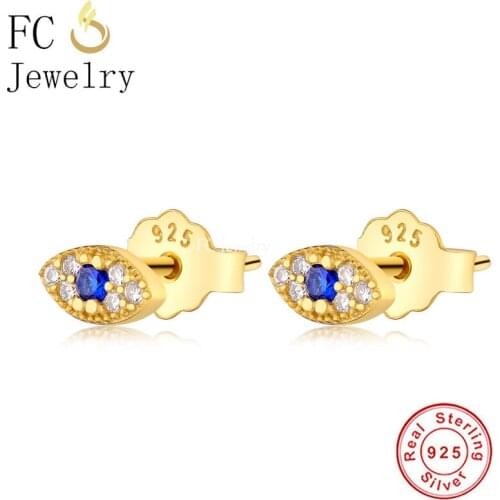 FC Jewelry 100% 925 Sterling Silver Simple Gold Color Turkish Evil Eye Blue Zirconia Stud Earrings Girl Women Brincos 2020 NEW