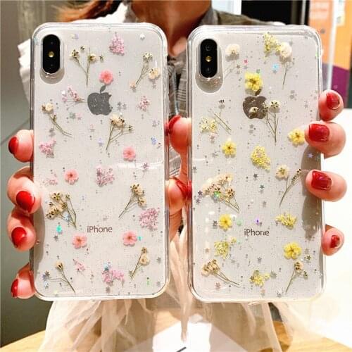 Hot Real Dry Flower Glitter Clear phone case for apple iphone 6 7 8 Plus X XS XR MAX 11 Pro 12 MiNi Epoxy Star Transparent cover