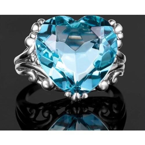 Hainon Fashion Romantic Silver Color Sky Blue Zircon Heart Finger Rings for Women Luxury Big Wedding Engagement Jewelry Rings