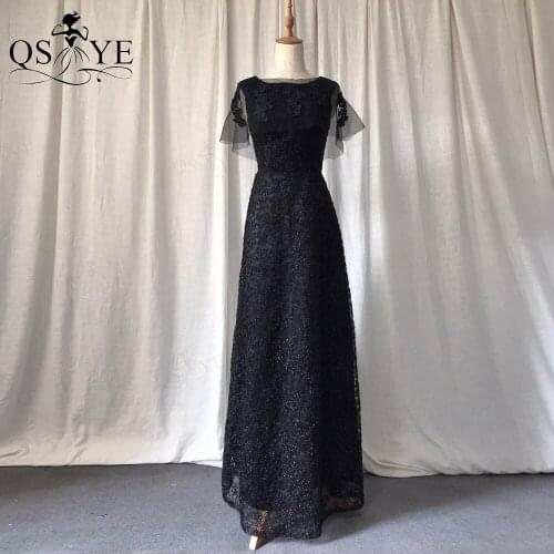 Lace Black Prom Dress Elegant Sheer Shawl Appliques Evening Gown Glitter Lace Party Dress Scoop Neck Straight Women Formal Gown