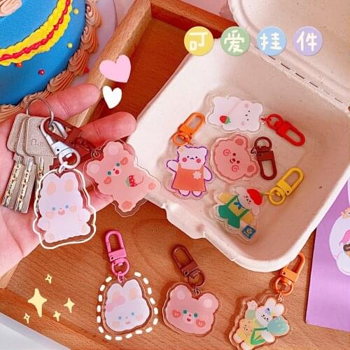 Cute Heart Bear Pendant Key Chains Cartoon Strawberry Bunny Acrylic Keyring Women Girl Bag Car Airpods Pendant Keychain Ornament
