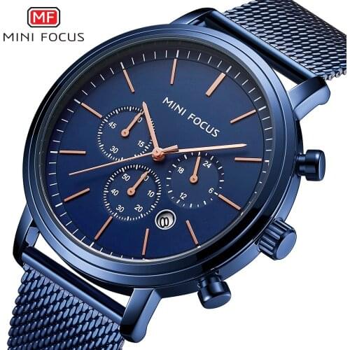 MINI FOCUS Mens Chronograph Watches Luxury Blue Mesh Strap Wristwatch Top Brand Business Quartz Watch Man Relogios Clock 0297