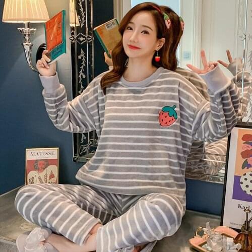 Cartoon Cute Pajamas Set For Women Sleepwear Winter Flannel Pyjamas Coral Velvet Striped Home Clothes Mujer Pijama Nightwear Pjs