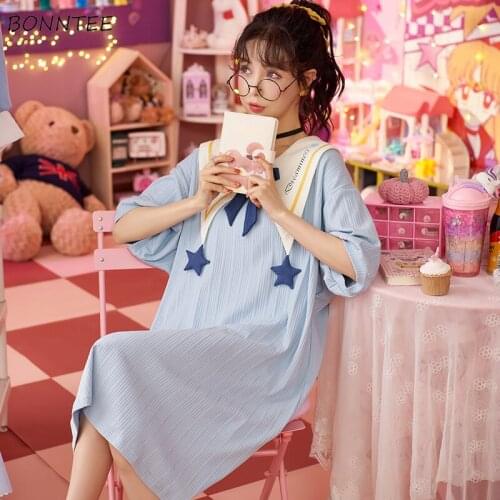 Nightgowns Women Loose Summer Breathable Cotton Homewear Short Sleeve Turn-down Collar Kawaii Maiden Princess Sweet Ins Design