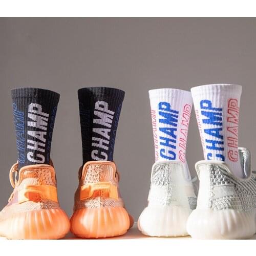 2Pairs-1lot Blue White Couple Socks Middle Short Crew Street Fashion Cotton Socks Streetwear Champ Black Red Blue Hollow Words