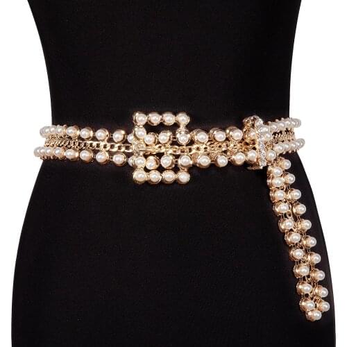 2021 New Metal Womens Belt Luxury Pearl Wide Belt Classic Square Buckle Belt Female Fashion Waist Strap Crystal Belt Barry.Wang