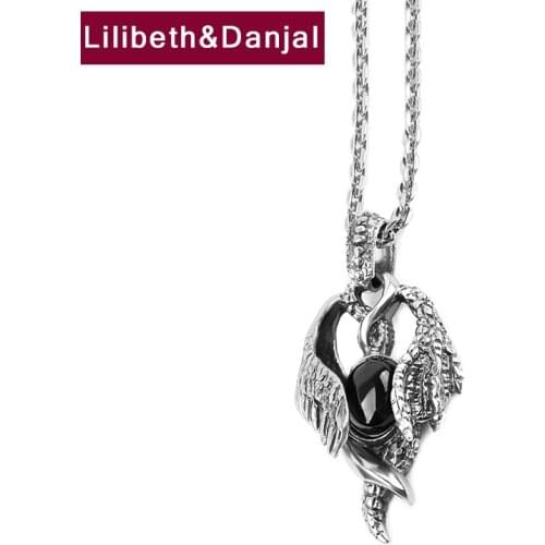 Angel Wings Real 925 Sterling Silver Necklace Pendant Punk Vintage Inlaid Obsidian Fashion Jewelry Women Men 2021 Designer P27