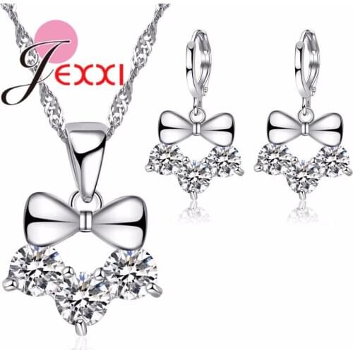 925 Sterling Silver Jewelry Set for Women Wedding Elegant Boknot with Clear CZ Pendant Necklace Hoop Earrings