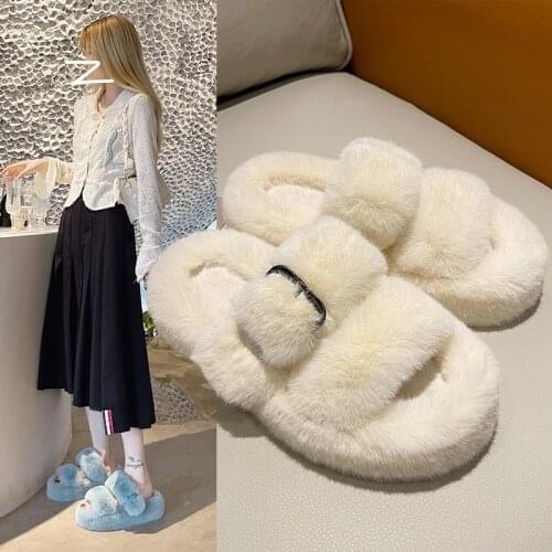 Luxury Designer Shoes Fluffy Slippers for Women Faux Fur Slides Indoor Slippers Female Flip Flops Plush Flat Open Toe Sandals