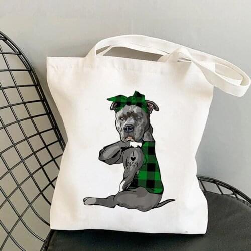 2021 Fashion Shopper Green Bandanas Pit Bull I LOVE MOM Printed Tote Bag women shopper girl Shoulder shopping Lady Canvas Bag
